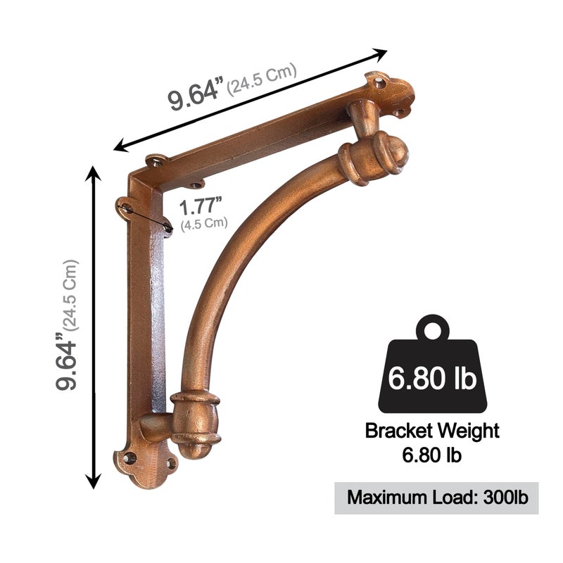 NACH Decorative Shelf Brackets, 2 Pack of 9.6 x 1.7 x 9.6 inch Copper Cast Iron Shelf Brackets - Decorative Brackets for Mounting - Half Round Style Brackets - Image 3